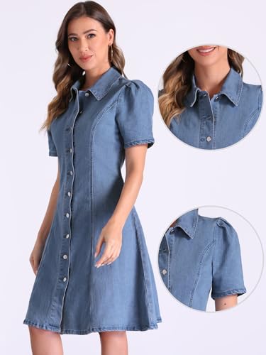 Image of Allegra K Denim Dress for Women's Puff Sleeve Button Down Collared Jean A-Line Dress