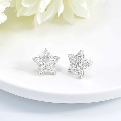 Star Earrings for Women Sterling Silver - Hypoallergenic Cubic Zirconia Earrings Hollow 2 Star Post Cartilage Stud Earrings Dainty Trendy Gifts Stuff for Men Her4