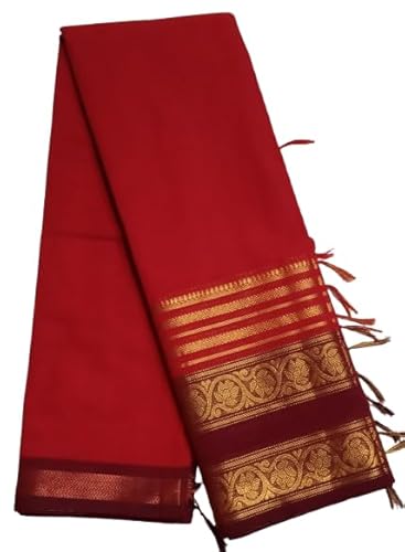 Women's Chettinad Cotton Sarees - 80s count Elegant Golden Zari Woven Long Border Plain Saree With Blouse (Red colour)