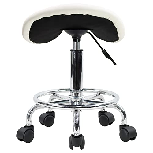Kktoner Saddle Stool With Foot Rest Pu Leather Swivel Adjustable Rolling Stool With Wheels Facial Salon Chair (White) #TOP7