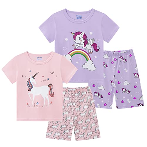 Smazero Little Girls Unicorn Pyjamas Sets Cotton Short Sleeved Summer Pjs for Kids Pajamas 3-8 Years Sleepwear - 4-Piece Pink-purple