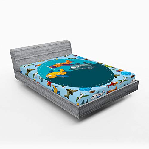 Ambesonne Party Fitted Sheet, Colorful Retro Style Various Cartoon Airplanes Air Balloons Zeppelins Boys, Soft Decorative Fabric Bedding All-Round Elastic Pocket, Full Size, Sky Blue Teal