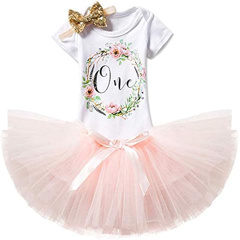 TTYAOVO Girl Skirt Newborn 3pcs Baby's 1st Birthday Set/Outfits with Romper + Tutu Dress + Headband Size 1 Years Peach(with Flower) Cover