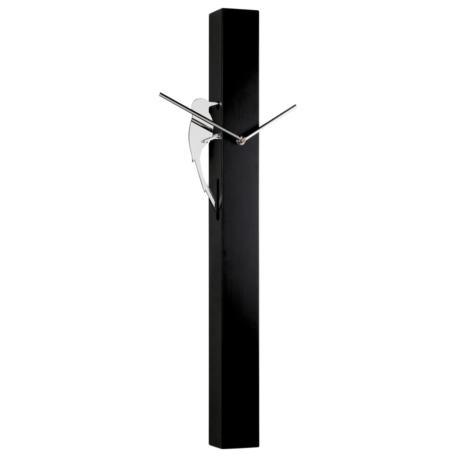 Torre & Tagus 25" Modern Pendulum Wall Clock with Woodpecker Motion - Tall Black Bird Clock Lightweight Aluminum Frame, Minimalist Design & Slim Profile for Narrow Walls (Black w/Silver Hands)