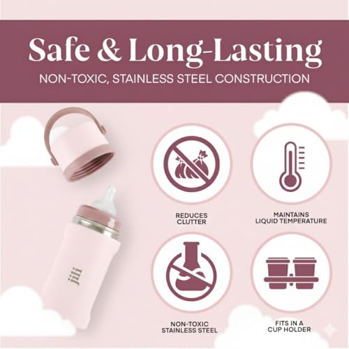 Image of Jili All-in-One Baby Bottle, Insulated Stainless Steel Bottle with Formula Container, Anti-Colic Nipple, and Leak-Proof Lid, Baby Essentials for Travel, BPA and Phthalates-Free, Rose, 8 oz.