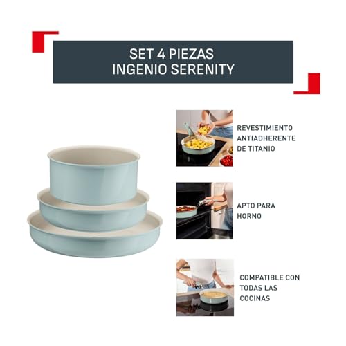 Miniatura 3 de Tefal Ingenio Serenity - Juego de 2 Sartenes 22/28 cm + Cazo 20 cm + Mango extraíble, Revestimiento Antiadherente, Apilable, Inducción, Apto lavavajillas y horno, Eucalipto
