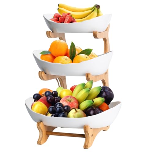 3 Piani Cesto Frutta con Supporto Legno Bambù Naturale, Porta Frutta Ceramica con 8 Viti, Portafrutta Ripiani Moderna, Cestino Fruttiera Famiglia per Verdura, Dolci, Caramelle, Snack (Bianco)