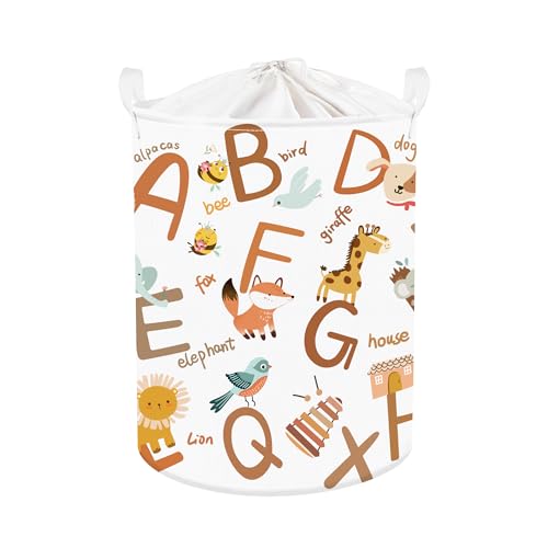 Image of Clastyle 45L Large Boho Alphabet Animal Laundry Basket with Lid Collapsible Fox Lion Toy Storage Basket for Nursery Kid Room Boy Girl Clothes Hamper with Handle