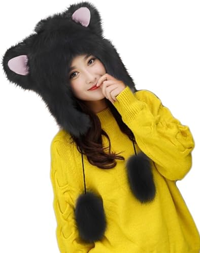 Cute Warm Plush Furry Faux Fur Hood Hat Spirit Ears Wolf Bear Cat Halloween Costume Xmas Winter Hood Black