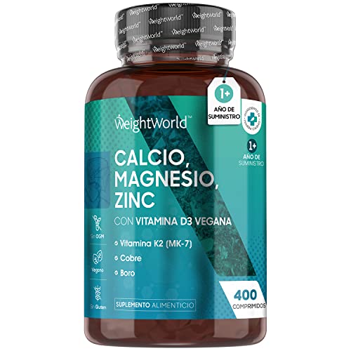 Calcio, Magnesio, Zinc y Vitamina D3 Vegana Dosis Alta 400 Comprimidos, para más de 1 Año - Suplemento de Calcio de Alta Absorción, Enriquecido con Selenio, Vitamina k2, Manganeso, Boro y Cobre Cover