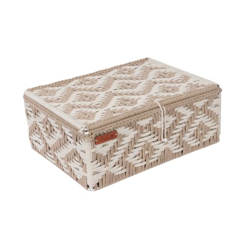 Image of Kaahira Handmade Decorative Storage Box and Organiser | Macrame Gift Hamper Box for Cosmetics, Toiletries & Return Gifts | Aesthetic Rope Woven Organizer (Beige and White, Large - 14x10x4)