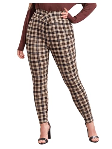 Floerns Women's Plus Size Plaid Pants Leggings Stretchy Elastic Waist Work Skinny Pants Brown Multi 2XL