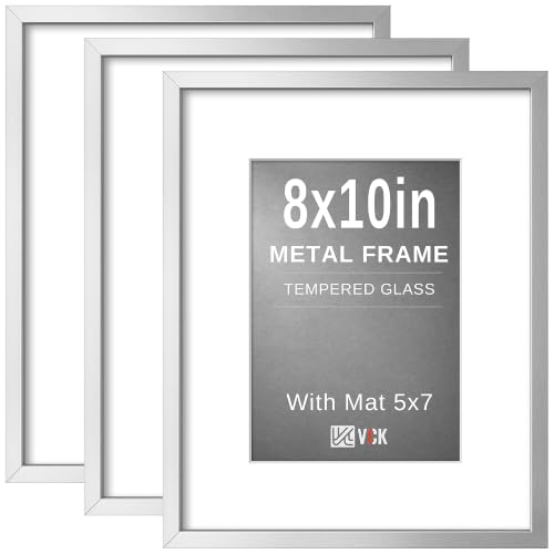 Image of VCK 8x10 Picture Frame Silver Metal, Real Glass, 5x7 Mat, 3 Pack, for Print