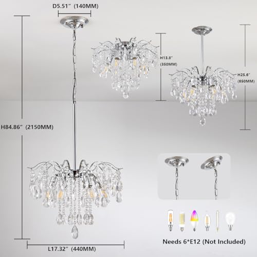 JC TOPA Lustres modernos de cristal cromado, 6 luminárias pendentes de teto de cristal, lustre de sa