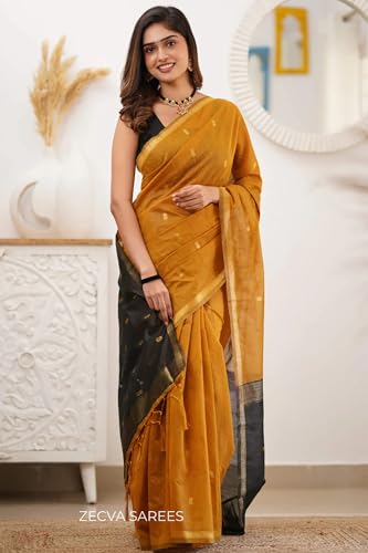 Image of ZECVA Women's Pure Soft Spun Cotton Lichi Silk Saree For Women With Attach Unstitch Blouse Piece