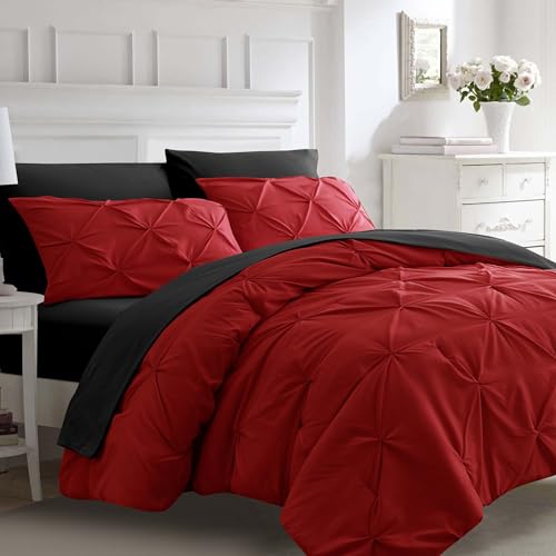 Ubauba 7pc Full Size Comforter Set with Sheets, Red and Black Pintuck 7 Pieces Bed in a Bag with Comforter, All Season Bedding Comforters & Sets (Red and Black,Full)