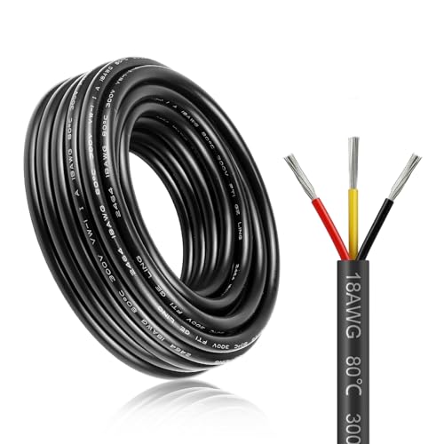 10M/32.8ft 12V Low Voltage Wire, Outdoor Landscape Lighting Cable, 3*0.75mm² Conductor Extension Cable, 18AWG Electrical Cord Red & Black Tinned Copper Hookup Wire Kit, 3 Core with Black Reel Package