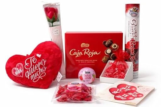 FAMILYCOM. Cesta regalo caja roja. Surtido con Chocolates originales de regalo. Bombones Ferrero Rocher. Peluche corazon, Rosa de Amor, Pluma Masaje, Cava ,Velas. San Valentin | Ya disponible en tu tienda friki favorita! En mundofriki.es!