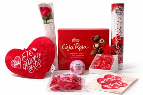 FAMILYCOM Cesta San Valentin de Chocolates Nestle para regalar. Regalo Original para Mujer, Hombre. Regalo para parejas - Bombones Caja Roja, Cañon de petalos, Oso peluche