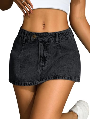 IWD Denim Mini Skirt for Women Low Waisted Jean Micro Skort with Shorts Stretch Casual Jean Skirt Black Small