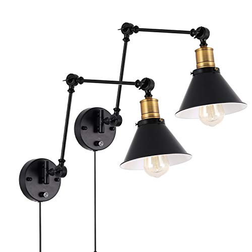 Larkar Plug-in Cord Industrial Wall Light Swing Arm Wall Lamp, with On/Off Switch, E26 Base UL Listed,1-Light Bedroom Wall Sconce Fixtures,Bedside Reading Lamp