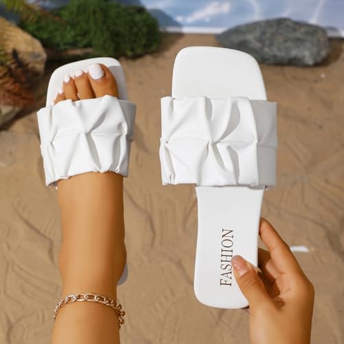 Image of Women's Pleated Square Toe Slide Sandals, Trendy Wedding & Summer Flat Sandals