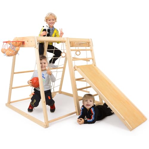 Image of Indoor Playground,Toddler Wood Playset 9-in-1 with Slide,Basketball Frame, Swing, Jungle Gym, Swedish Ladder, Pine Wood, Rock Wall Dome for Ages 1-6