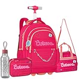 Kit Mochila Infantil Rodinha Luluca Letras bordadas com Lancheira e Estojo Box Rosa e Garrafa