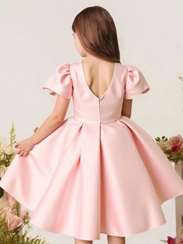Satin Flower Girl Dress for Wedding Puff Sleeve Bow Knot A-Line Short V-Back Princess Pageant Ball Gowns2