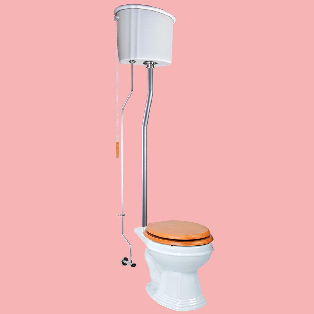 Renovators Supply Manufacturing High Tank Pull Chain Toilet With White Ceramic High Tank 74 In. To 78 In. Adjustable Height Satin L Pipe And Round Toilet Bowl