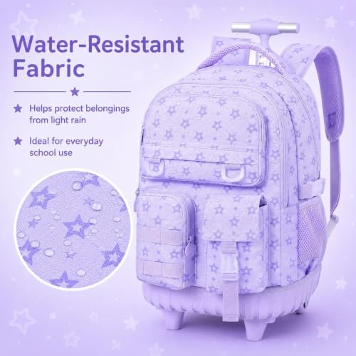 Image of CCJPX 3Pcs Rolling Backpack for Girls, Roller Wheeled School Bookbag, Star Wheels Backpacks with Lunch Box for Kids (Purple)