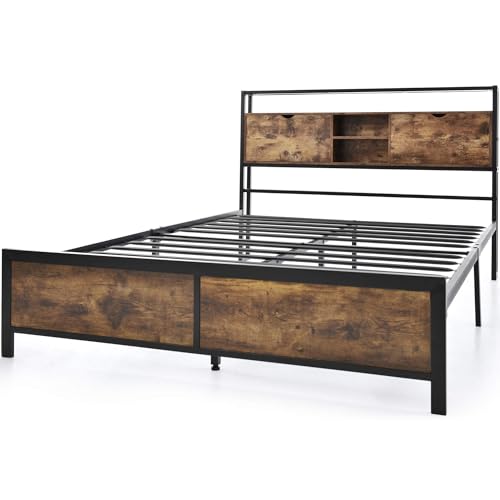 YCYDHDM Metallbett Doppelbett 140 x 200 cm mit Stauraum-Kopfteil, Bettgestell mit Lattenrost aus Metall, Stauraumbett für Schlafzimmer und Gästezimmer, Bett mit Stauraum unter dem Bett, Holzfarbe – Bild 6