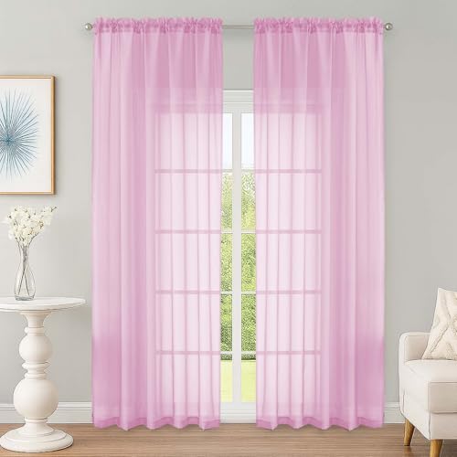 Image of OWENIE Pink Sheer Curtain 90 Inches Long 2 Panels Set, Solid Filmy Drapes for Living Room Bedroom, Elegant Window Voile Sheer Curtain Panels Drapes, 2 Pcs, Each 59 inch Wx90 L Inch
