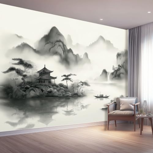 Papier peint panoramique sommets brouillard pagode pour agrandir un salon