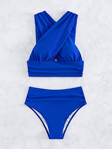 Makemechic Women's 2 Piece Bathing Suits Criss Cross Ruched High Waisted Bikini Swimsuit Royal Blue Xl #TOP2