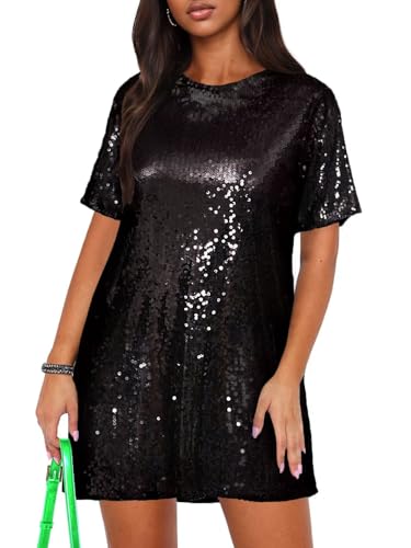 Ophestin Women's Sparkly Sequin T Shirt Dress Short Sleeve Crewneck Tie Backless Glitter Party Club Dresses