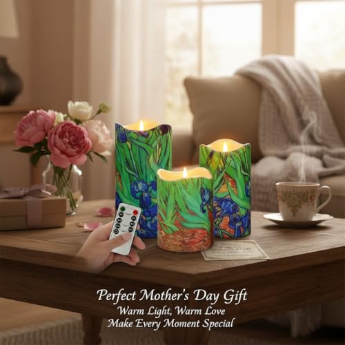 Image of Floral Flameless LED Pillar Candles, 3pcs Van Gogh Irises Battery Operated Flickering Candles with Timer Remote,Decorative Flickering LED Candles for Wedding Mother's Day Home Decor