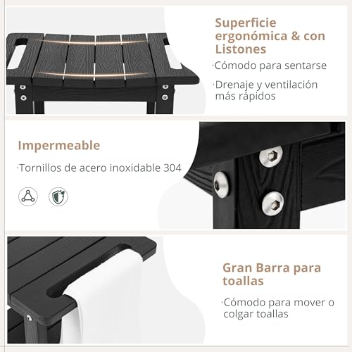 LUE BONA Taburete de Ducha HDPS, Asiento Impermeable con Estante para Baño, Banco Antideslizante para Interior y Exterior, Resistente al Clima, Negro - imagen 5