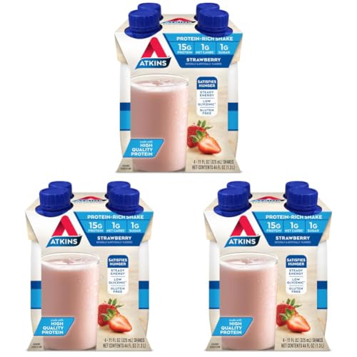 Image of Atkins Gluten Free Protein-Rich Shake, Strawberry, 4 Count, 44 Fl Oz (Pack of 3)