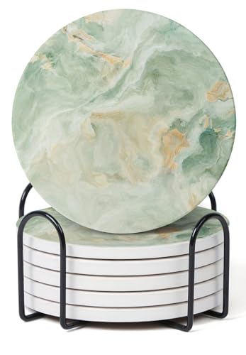 Image of Set of 6 Sage Green Marble Coasters with Holder,Absorbent Ceramic Coasters for Drinks, Coasters with Cork Backing for Table Protection, Housewarming Gifts for New Home