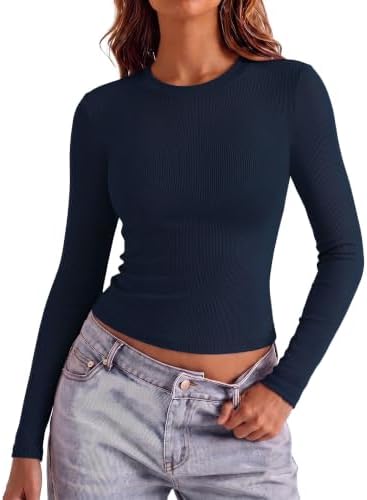 Aottori Langarmshirt Damen Rundhals Gerippt Oberteile Slim Fit Basic Top | Longsleeve, Rippenshirt Pullover Dünn, Stretch Elegant Shirt, Casual Einfarbig, Weich Layern, für Herbst