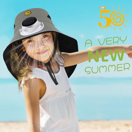 Solar Fan Hat for Kids Smile Face Bucket Hat with Neck Flap Wide Brim Sun Hat for Boys and Girls2