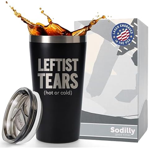 Leftist Tears, 16oz Laser Engraved Stainless Steel Double Wall Insulated Coffee Tumbler with Lid, Funny MAGA Political Gifts for Republican Men, Women, Leak Proof, Conservative Mug, Water Cup, Black Cover