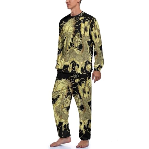 Ensemble de pyjama homme Dragon Doré avec haut et bas à manches longues