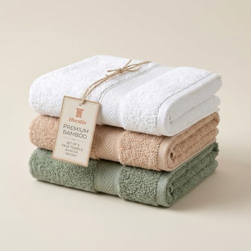 Huestia Bamboo Skincare Face Towels – 550 GSM Ultra Soft & Quick Dry – 30 × 30 cm – Gentle on Skin for Daily Skincare Use (Ivory Grove (Sage Green, Beige, White), Pack of 3, 550 GSM - 30x30 cm)
