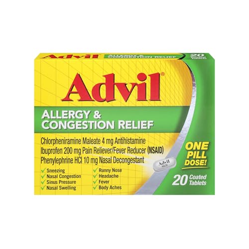 Advil Allergy & Congestion Relief (20 Count), Antihistamine, 200mg Ibuprofen Pain Reliever/Fever Reducer & Nasal Decongestant, One Tablet Dose