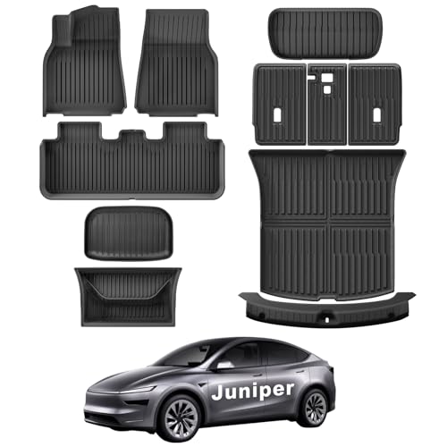 WEIZE Tesla Model Y Juniper Floor Mats 2025 2026 11 PCS Full Set All Weather Non-Slip Floor Mats & Cargo Liners Black Car Mats for Tesla Interior Accessories ((Not for Standard)