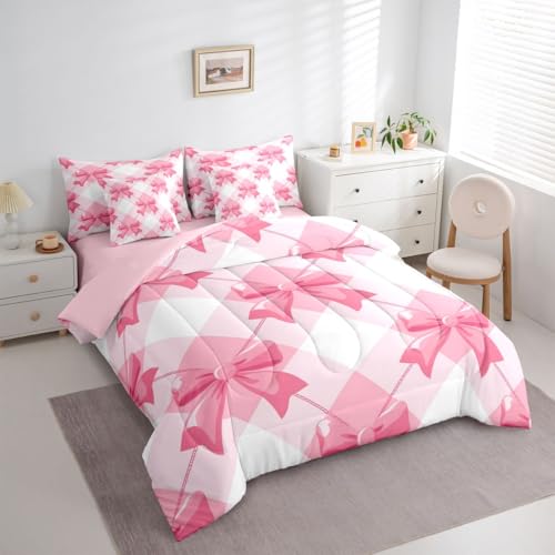 Image of Pink Bow Bed in a Bag King Size Comforter Set 7-Piece | Kawaii Ribbon Bowknot Bedding Sets Princess Bow Tie Comforter and Sheet Set, Dreamy Pink Plaid Bowknot Room Decor,Cute Room Decor Aesthetic