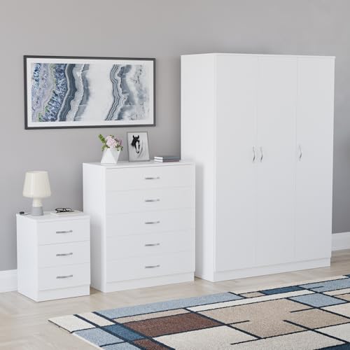 Image of Vida Designs Riano 3 Piece Bedroom Set - 3 Drawer Bedside Chest, 5 Drawer Chest, 3 Door Mirrored Wardrobe - White