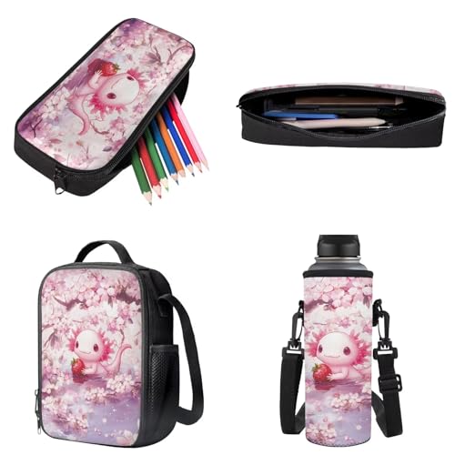 Suobstales Axolotl Strawberry Cherry Blossom Print Backpack for Girls Teen Kids 4 Pack School Bag with Lunch Box Pencil Case Water Bottle Sleeve Set Middle High School Bookbag Travel Daypack Satchel3